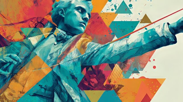 Stylized conductor figure with baton and artistic elements collage. 