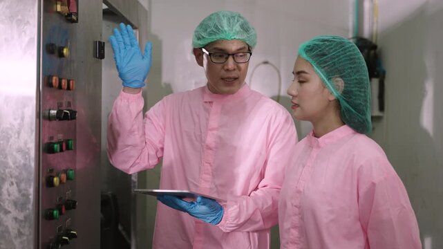 Professional Asian engineer and technician in food and drink factory in uniform standing using digital tablet while talking and discussing production control panel cabinet in manufacturing industry. 