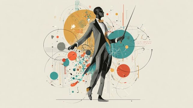 Stylized conductor figure with baton and artistic elements collage. 