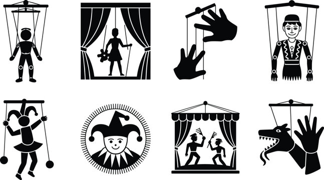 Puppetry and marionette silhouette vector set with jester, puppet theater, dragon puppet, and stage performance
