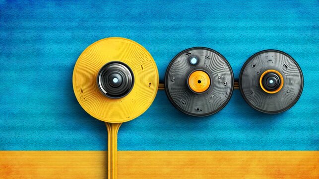Abstract 3d illustration of camera lens-like geometric shapes in orange and black on a textured blue and yellow background.