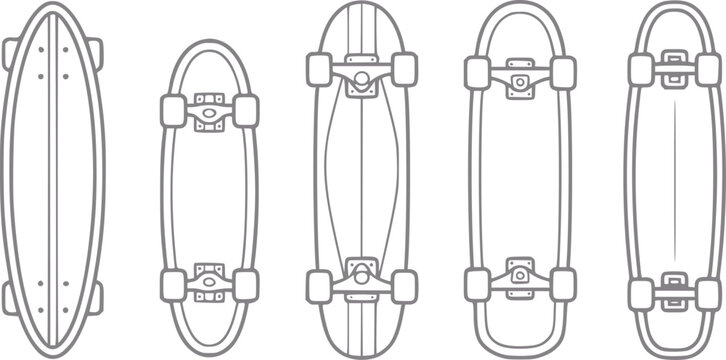 Collection of five different skateboard in outline