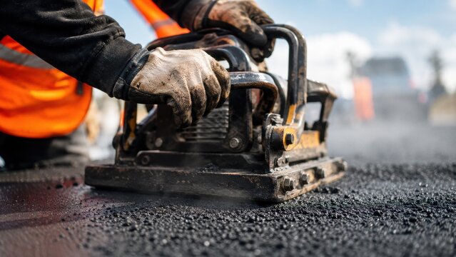 A construction worker in an orange vest operates a plate compactor on a freshly laid asphalt surface. Road construction equipment in action.