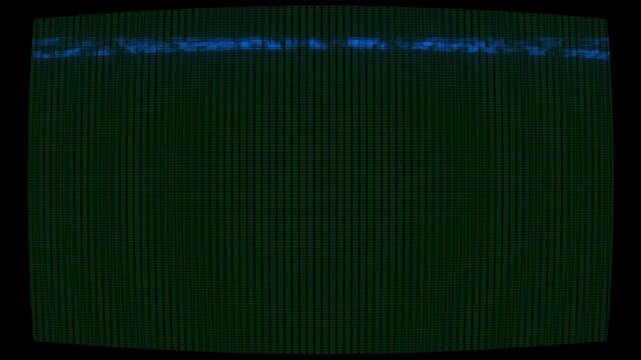 Flickering screen shows distorted blue text. Lines of data blur across dark green backdrop. Digital glitch suggests outdated or corrupted display. Ideal for cyber themes, tech failures