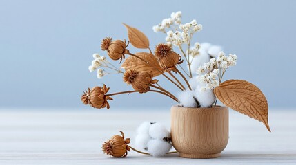 Obraz premium Dried floral stems and cotton arranged in wooden vase