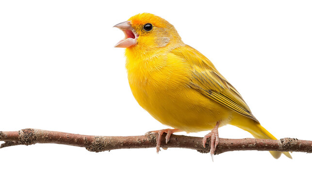 Canary perched on a twig singing with open beak, bright yellow feathers, ultra-realistic wildlife render, soft natural lighting, isolated composition
