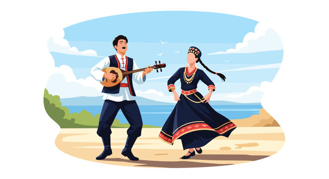 Traditional performance showing a man playing a stringed lute while a woman in folk costume performs a cultural dance by the ocean.