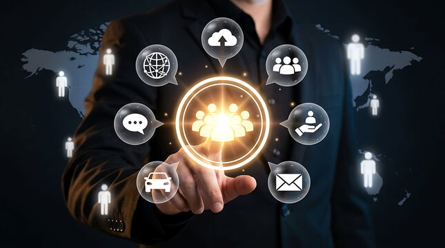 Businessman pointing at glowing virtual target audience button with world map background