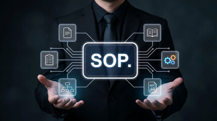 Fototapeta premium Businessman presenting virtual SOP screen with company process and documentation network