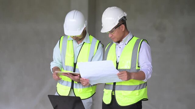 Three professional Asian male engineers and architects collaborate on a construction site, reviewing building blueprints and discussing structural planning for an upcoming commercial real estate proje
