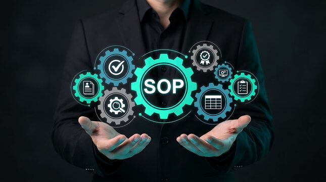 Businessman presenting virtual SOP gear mechanism with corporate standard process icons