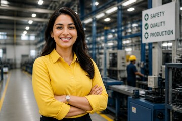 Fototapeta premium Woman smiling with arms crossed in manufacturing facility