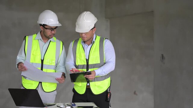 Three professional Asian male engineers and architects collaborate on a construction site, reviewing building blueprints and discussing structural planning for an upcoming commercial real estate proje