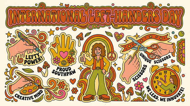 International left-handers day retro style illustration poster with lefthander