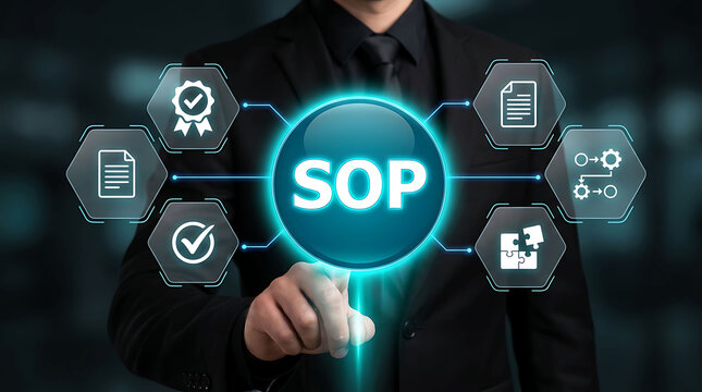 Businessman touching virtual SOP button with standard operating procedure icons