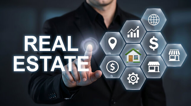 Businessman touching virtual Real Estate text button with digital marketing hexagon icons
