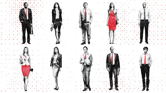 Business people icons in comic halftone outline style, black vector illustration on white background, modern infographic design