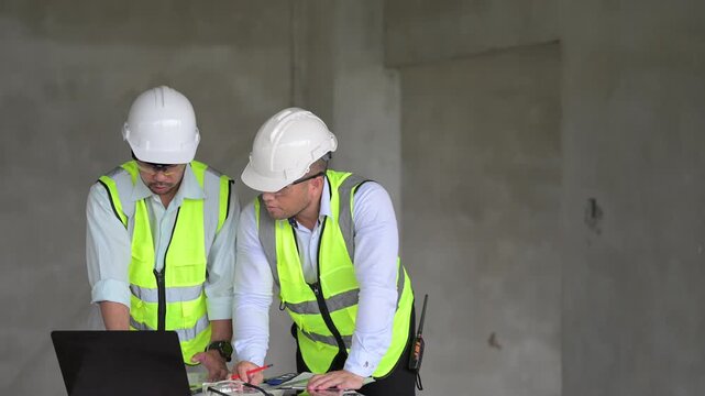 Three professional Asian male engineers and architects collaborate on a construction site, reviewing building blueprints and discussing structural planning for an upcoming commercial real estate proje