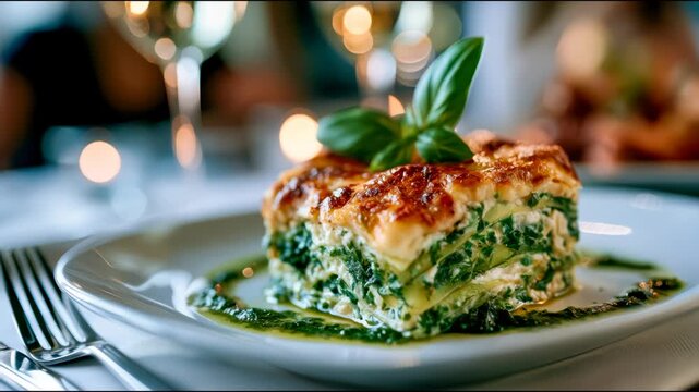 Gourmet spinach lasagna topped with basil on a white plate, photographed in a restaurant setting with elegant shallow depth of field