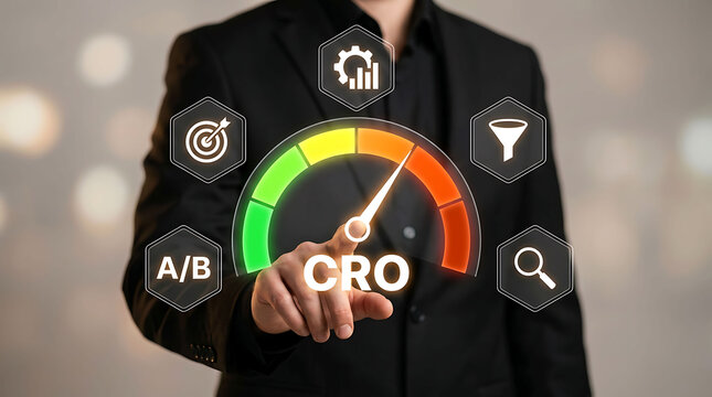Businessman pointing at virtual CRO dashboard with speedometer optimization indicator