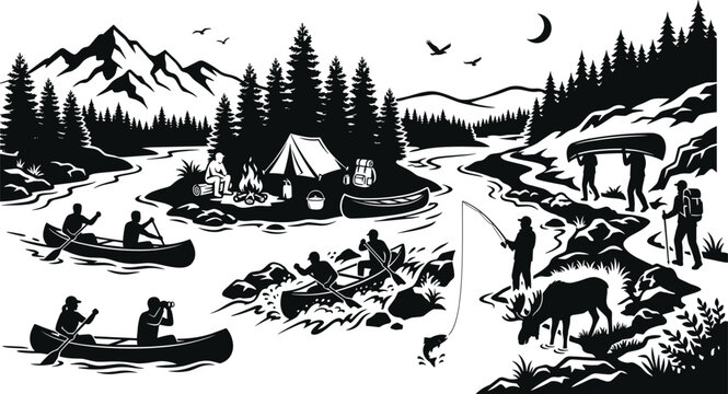 Black and white wilderness vector illustration of camping, canoeing, fishing, hiking, wildlife and mountain forest river landscape