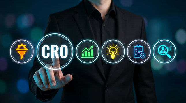 Businessman pointing at virtual CRO Conversion Rate Optimization marketing timeline icons