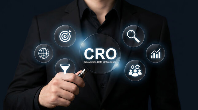 Businessman holding magnifying glass over CRO Conversion Rate Optimization icons