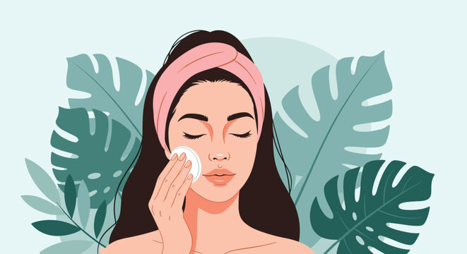 Beautiful young woman with a pink headband cleaning her face using a cotton pad in front of tropical leaves.
