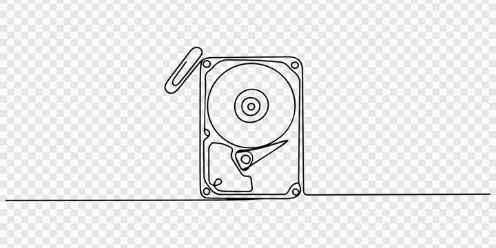transparent background A single, continuous line depicts a spinning hard drive. Single line art design Editable stroke, Continuous line drawing of an open hard disk drive, featuring its internal platt