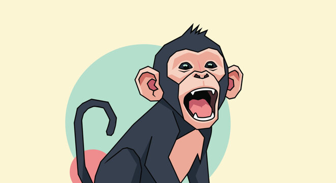 Aggressive monkey with its mouth wide open screaming or shouting against a simple circular green background.
