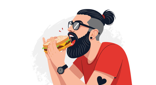 Modern hipster man with a beard and glasses taking a big bite of a delicious sandwich against a simple background.