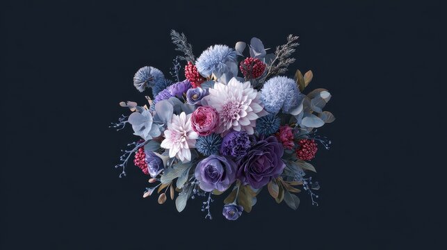 Wedding bouquet with flowers, flat design, top view, 3D render, Triadic color scheme, elegant and spooky arrangement.