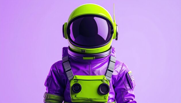 Astronaut in a vibrant purple and green spacesuit, futuristic and stylish, against a soft purple backdrop.