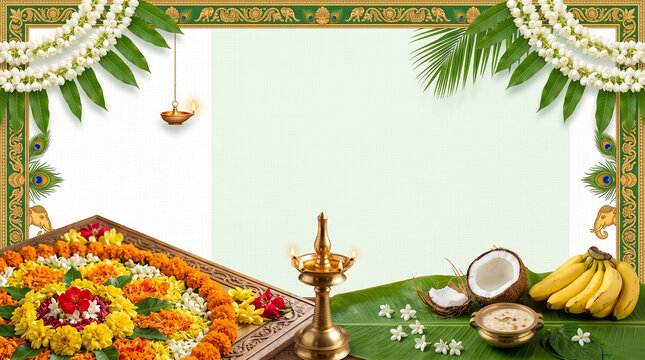 Onam greeting template with lamp floral border and copy space