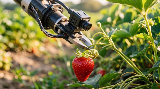 A camera-equipped robotic arm snips a ripe red strawberry from its vine. It visualizes the highly efficient future of precision agriculture and automated food harvesting.
