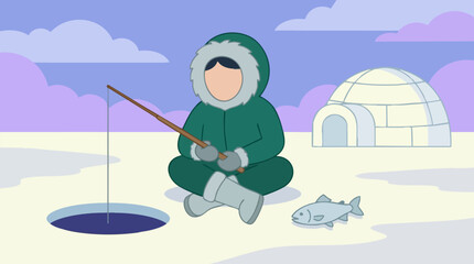 Illustration of person ice fishing in arctic landscape with igloo and fish © Hexaview