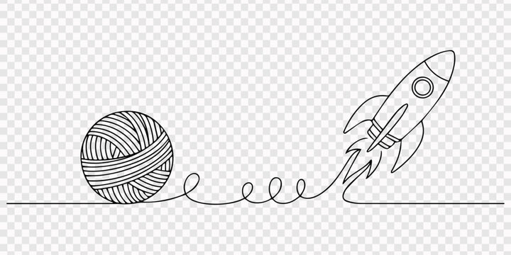 Chaos and rocket spaceship continuous one line drawing. transparent background, Continuous one line drawing of a rocket ship launching into space with chaos Vector, illustration Modern chaos with ship