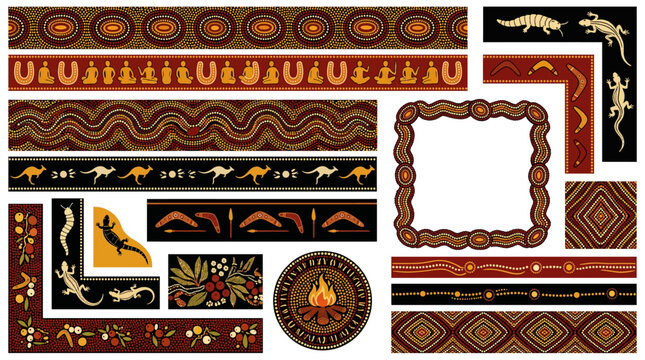 Aboriginal Australian Dot Painting Border Frame Vector Set with Sacred Waterhole U-Shape Figure Snake Rainbow Emu Kangaroo Track and Dreamtime Design