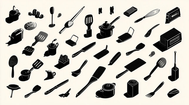 Black vector icons of chef tools scattered on a white background, including knives, whisk, spatula, chef hat, and cookware, clean minimalist design