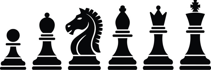 Chess piece icon set, silhouette king queen rook bishop knight and pawn symbols for strategy board game and competition design © Clinton Black