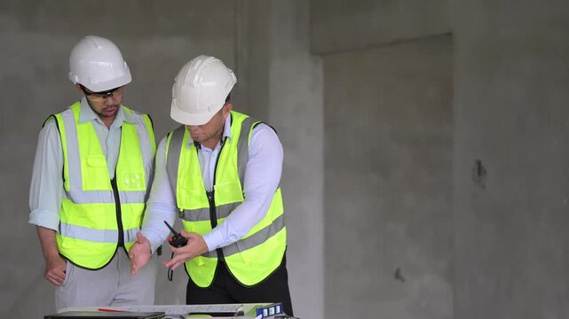 Three professional Asian male engineers and architects collaborate on a construction site, reviewing building blueprints and discussing structural planning for an upcoming commercial real estate proje