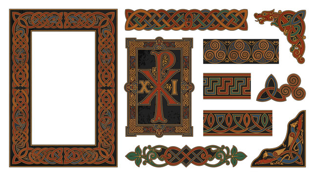 Celtic Illuminated Knotwork Manuscript Border Frame Vector Set with Insular Interlace Zoomorphic Triquetra Triskelion Spiral and Book of Kells Design