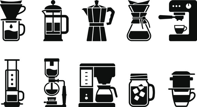 Coffee Brewing Methods Icons Collection: Espresso, Drip, French Press, Moka Pot