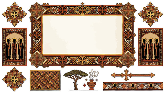 Ethiopian Coptic Christian Illuminated Manuscript Border Frame Vector Set with Solomonic Cross Saint Silhouette Geometric Basket Weave and Sacred Design