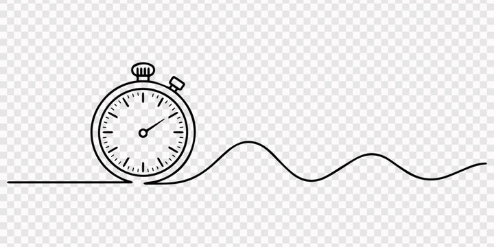 One continuous line drawing of clock timer isolated vector illustration transparent background, Stopwatch in one continuous single line art drawing  Clock continuous line vector illustration Ttme line