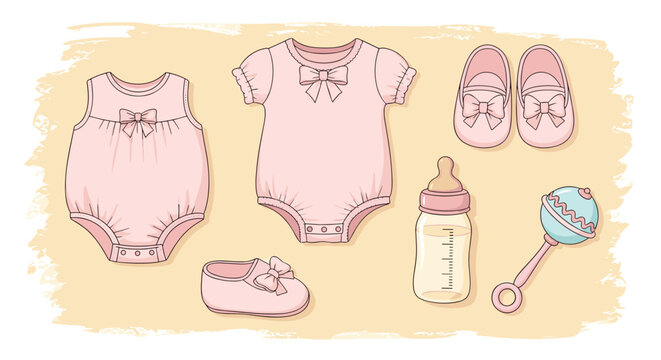 Collection of pink baby girl clothing and nursery items including onesies, shoes, a bottle, and a rattle on a beige background.