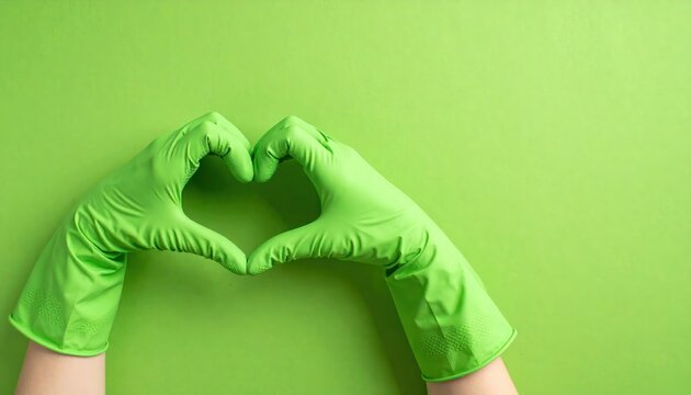 Hands in green gloves forming heart shape against green background.