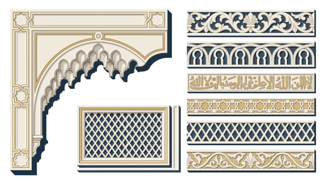 Moorish Andalusian Alhambra Plasterwork Border Frame Vector Set with Muqarnas Stalactite Sebka Ataurique Interlaced Arch Calligraphic and Design