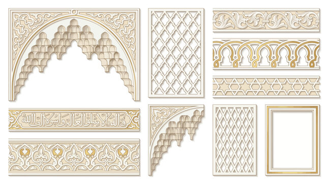 Moorish Andalusian Alhambra Plasterwork Border Frame Vector Set with Muqarnas Stalactite Sebka Ataurique Interlaced Arch Calligraphic and Design