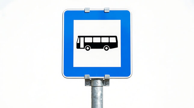 Blue Bus Stop Road Traffic Sign Isolated on a Metal Pole Against a Clean White Background